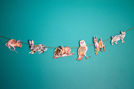 Woodland animals illustrated paper garland - owl, rabbit, bobcat, deer, mouse, and squirrel forest creatures banner -