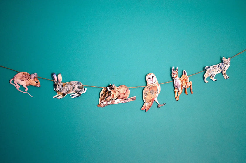 Woodland animals illustrated paper garland - owl, rabbit, bobcat, deer, mouse, and squirrel forest creatures banner -