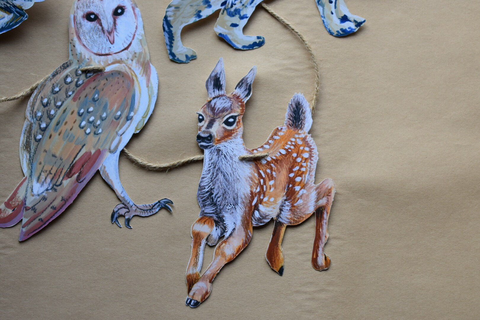 Woodland animals illustrated paper garland - owl, rabbit, bobcat, deer, mouse, and squirrel forest creatures banner -