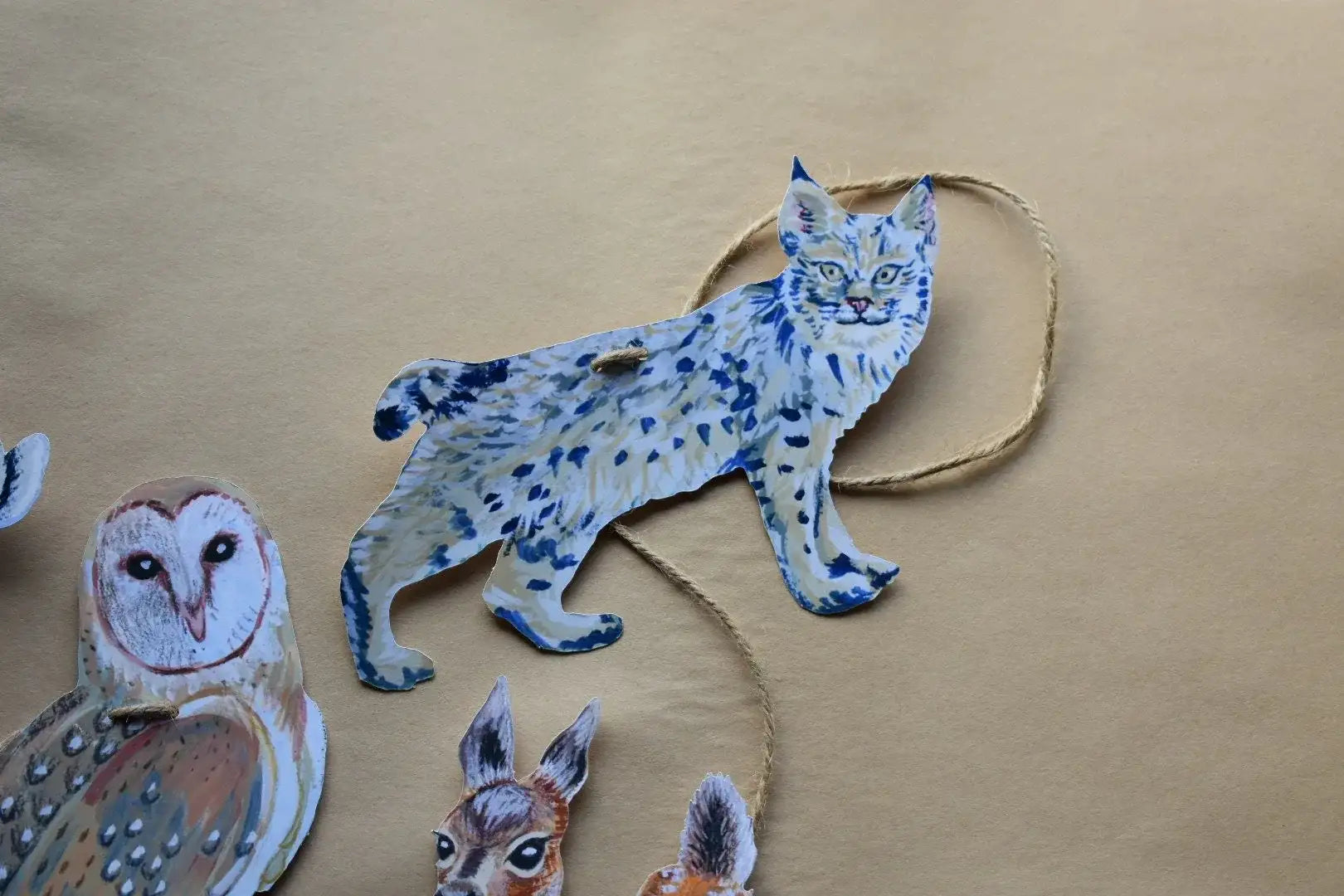 Woodland animals illustrated paper garland - owl, rabbit, bobcat, deer, mouse, and squirrel forest creatures banner -