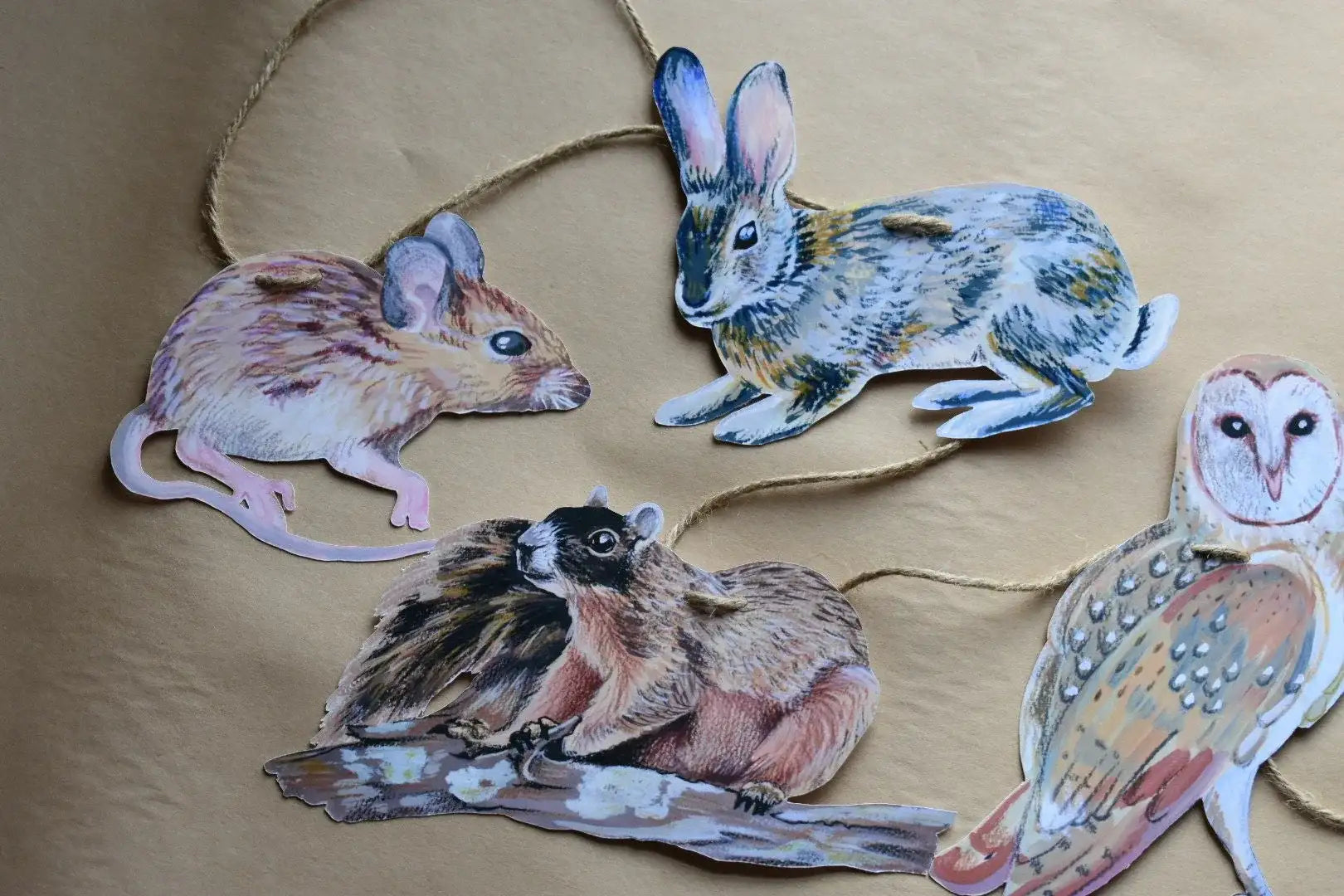 Woodland animals illustrated paper garland - owl, rabbit, bobcat, deer, mouse, and squirrel forest creatures banner -