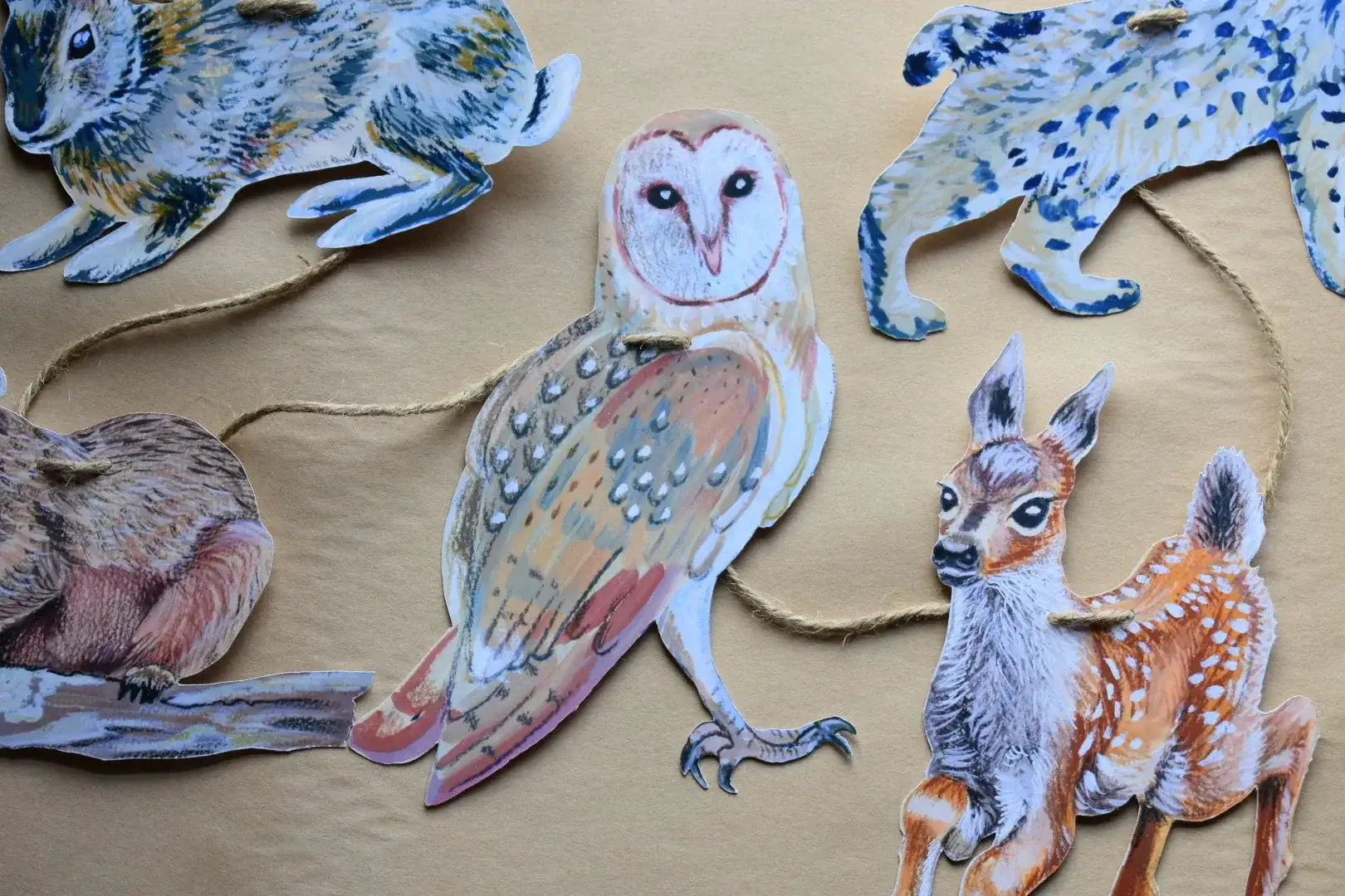 Woodland animals illustrated paper garland - owl, rabbit, bobcat, deer, mouse, and squirrel forest creatures banner -