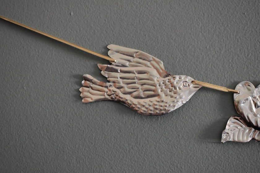 Embossed Tin Bird Garland - hand embossed metal flying bird and flower bunting - folk art tin birds wall banner