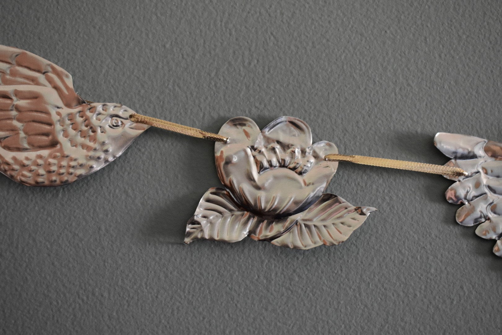 Embossed Tin Bird Garland - hand embossed metal flying bird and flower bunting - folk art tin birds wall banner