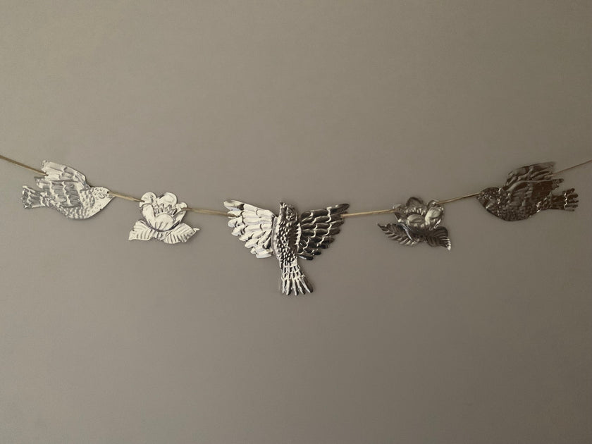 Embossed Tin Bird Garland - hand embossed metal flying bird and flower bunting - folk art tin birds wall banner