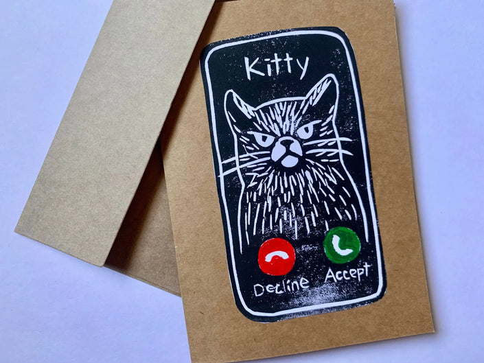 Grumpy Cat Calling Greeting Card: Handmade Block Print 5x7