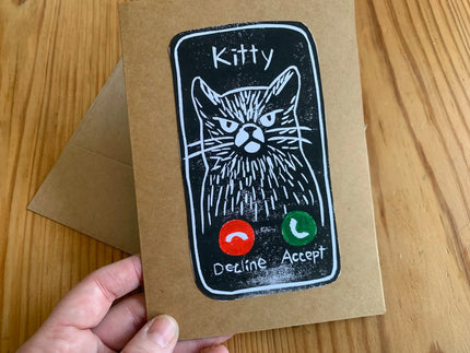 Grumpy Cat Calling Greeting Card: Handmade Block Print 5x7
