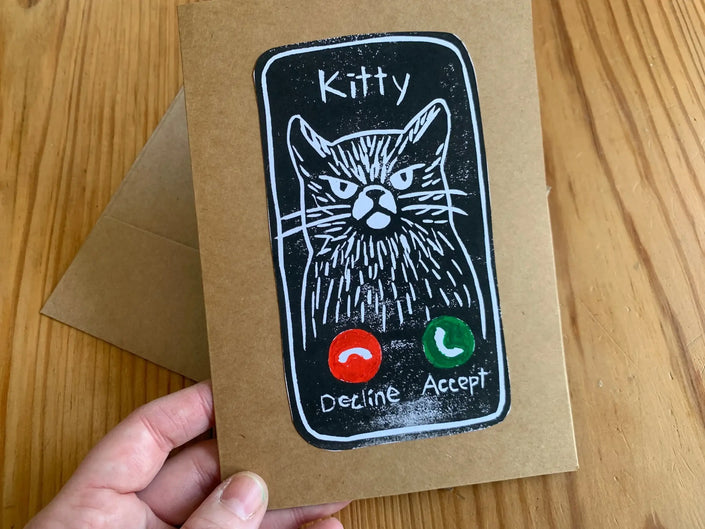 Grumpy Cat Calling Greeting Card: Handmade Block Print 5x7