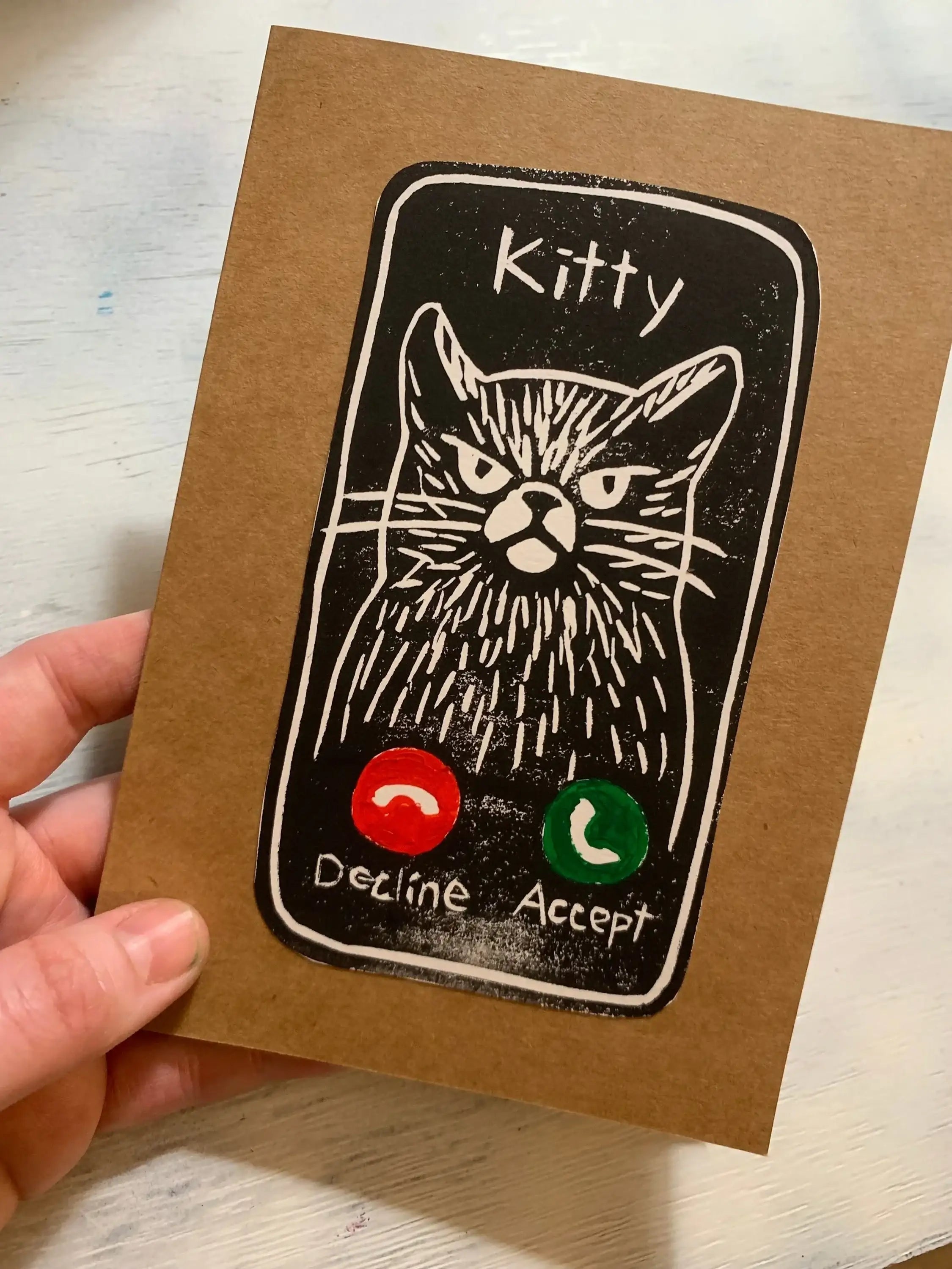 Grumpy Cat Calling Greeting Card: Handmade Block Print 5x7