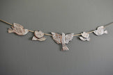 Embossed Tin Bird Garland - hand embossed metal flying bird and flower bunting - folk art tin birds wall banner