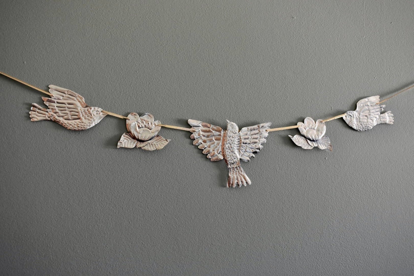Embossed Tin Bird Garland - hand embossed metal flying bird and flower bunting - folk art tin birds wall banner