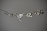 Embossed Tin Bird Garland - hand embossed metal flying bird and flower bunting - folk art tin birds wall banner