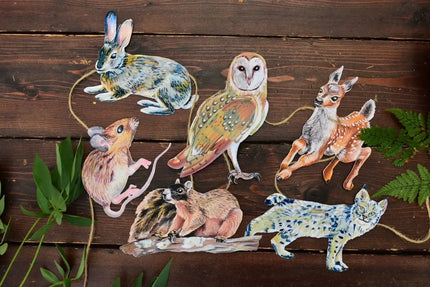 Woodland animals illustrated paper garland - owl, rabbit, bobcat, deer, mouse, and squirrel forest creatures banner -