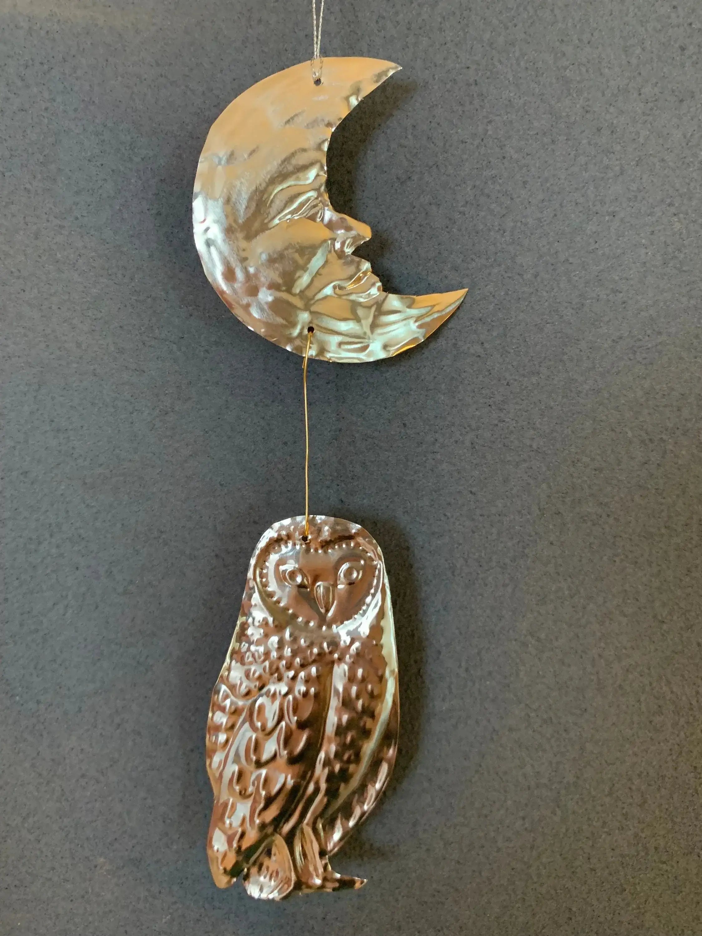Moon and Owl Embossed Tin Wall Ornament | Silver tinted Handmade Metal Foil Art | night forest wall hanging
