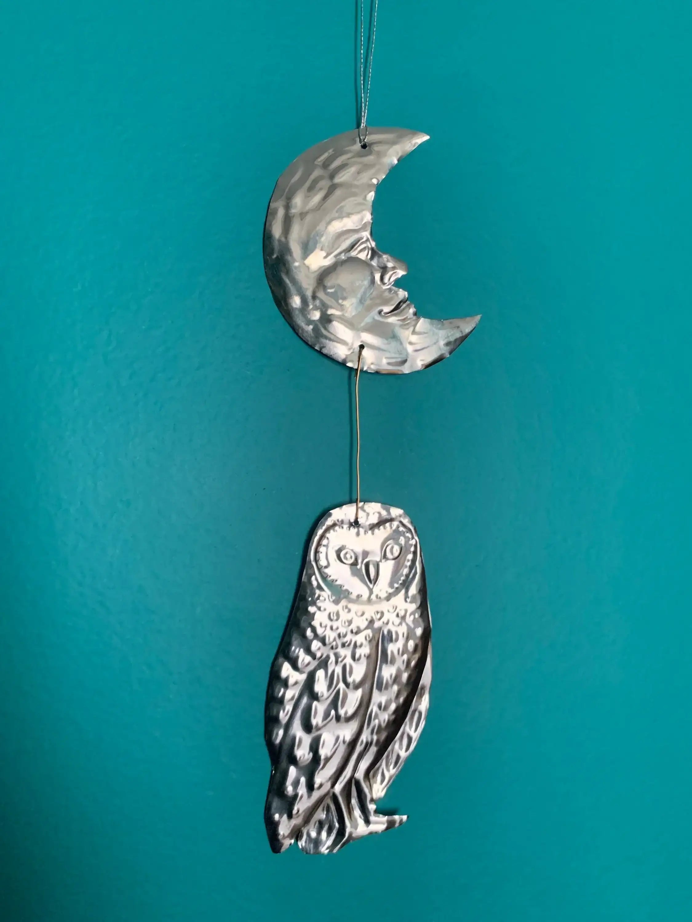 Moon and Owl Embossed Tin Wall Ornament | Silver tinted Handmade Metal Foil Art | night forest wall hanging