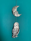 Moon and Owl Embossed Tin Wall Ornament | Silver tinted Handmade Metal Foil Art | night forest wall hanging
