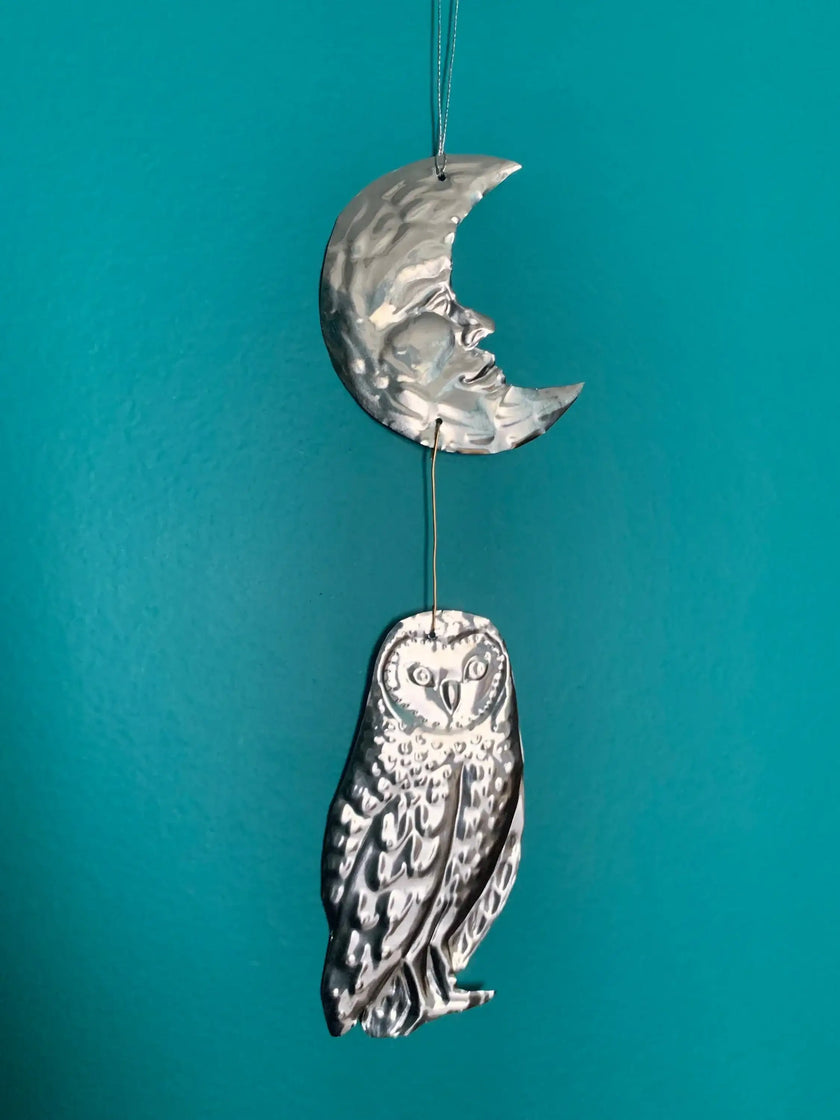 Moon and Owl Embossed Tin Wall Ornament | Silver tinted Handmade Metal Foil Art | night forest wall hanging