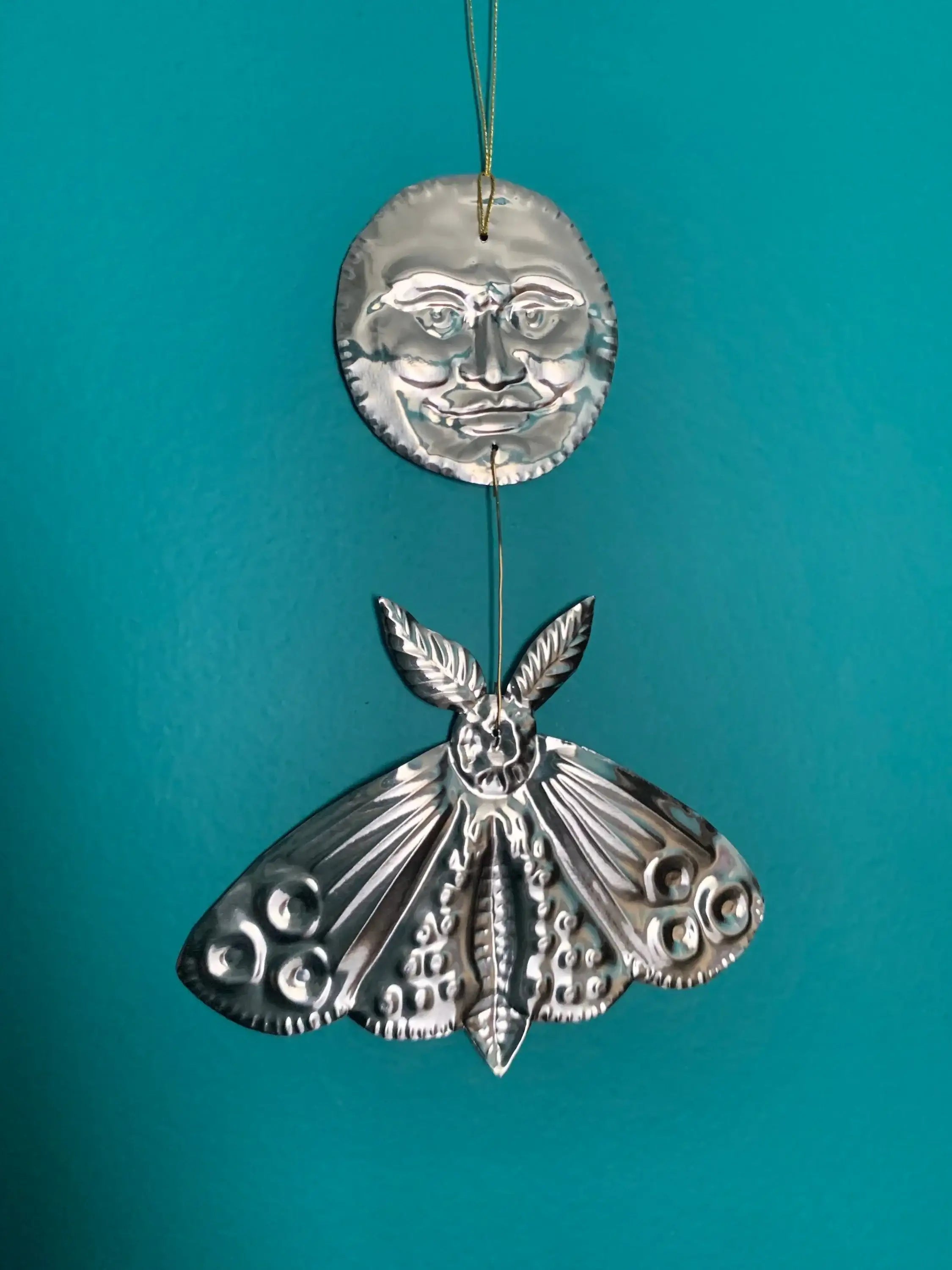 Moon and Moth Handmade Embossed Pressed Tin Wall Decoration