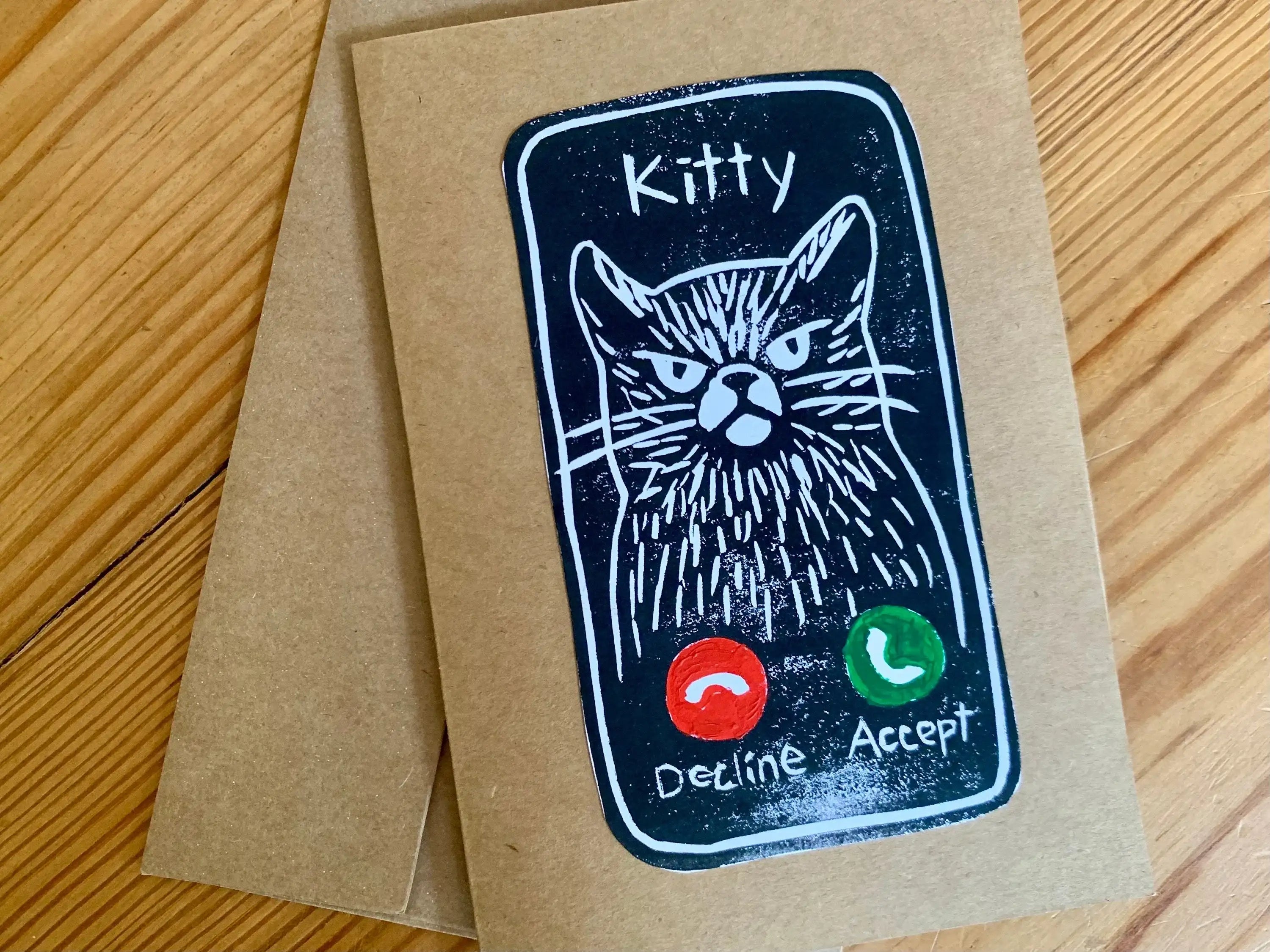 Grumpy Cat Calling Greeting Card: Handmade Block Print 5x7