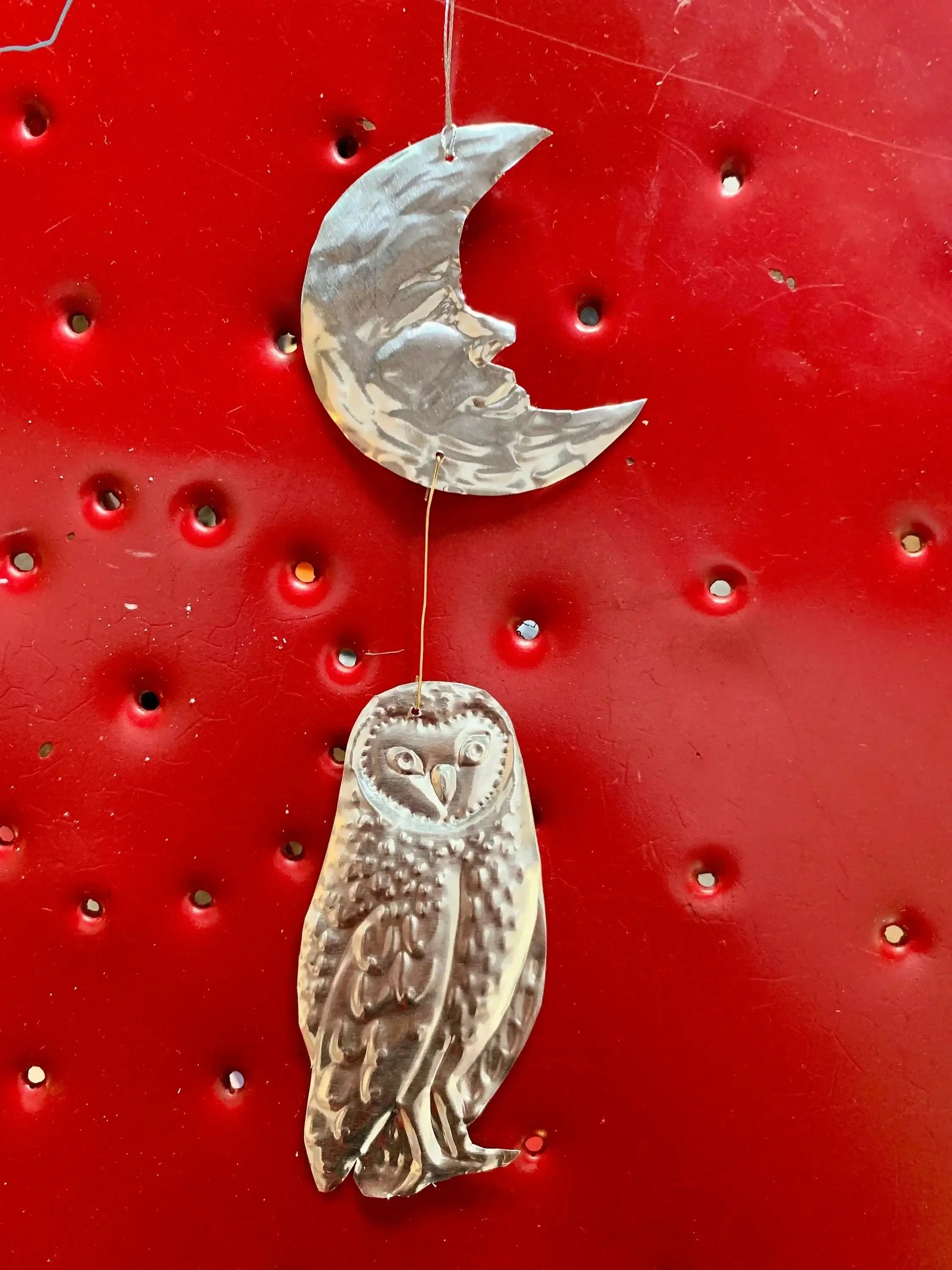 Moon and Owl Embossed Tin Wall Ornament | Silver tinted Handmade Metal Foil Art | night forest wall hanging