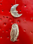 Moon and Owl Embossed Tin Wall Ornament | Silver tinted Handmade Metal Foil Art | night forest wall hanging