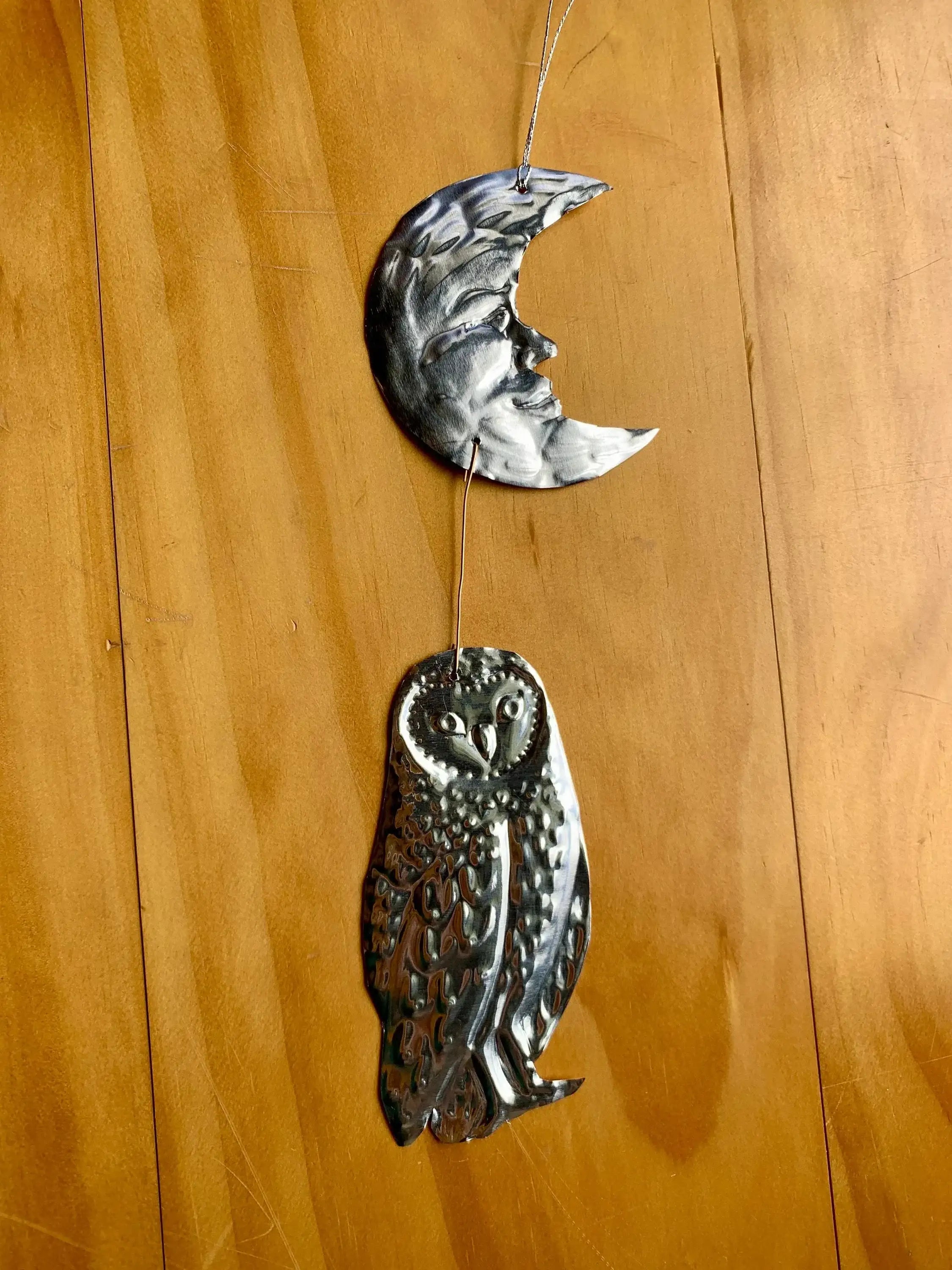 Moon and Owl Embossed Tin Wall Ornament | Silver tinted Handmade Metal Foil Art | night forest wall hanging