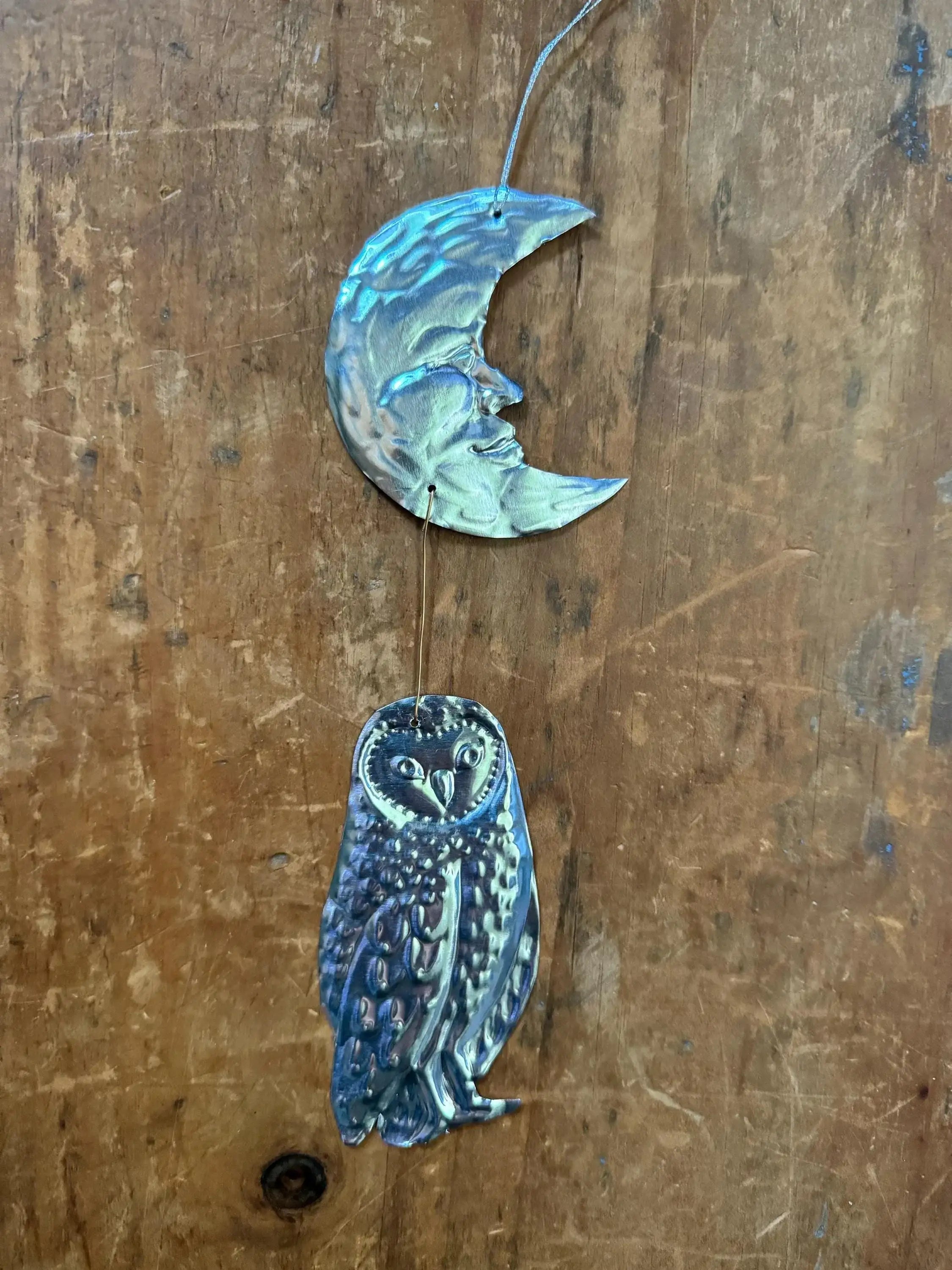 Moon and Owl Embossed Tin Wall Ornament | Silver tinted Handmade Metal Foil Art | night forest wall hanging