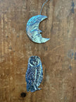Moon and Owl Embossed Tin Wall Ornament | Silver tinted Handmade Metal Foil Art | night forest wall hanging