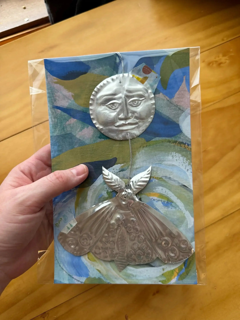 Moon and Moth Handmade Embossed Pressed Tin Wall Decoration