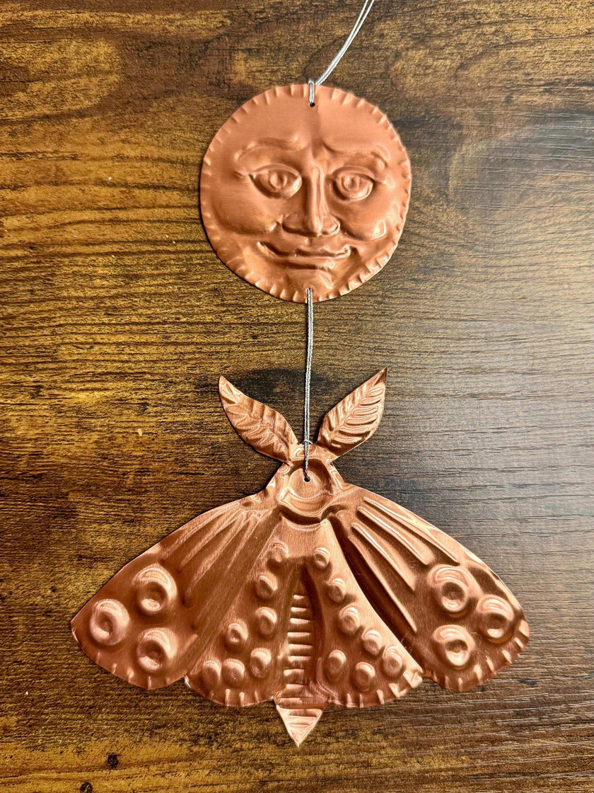 Moon and Moth Handmade Embossed Pressed Tin Wall Decoration
