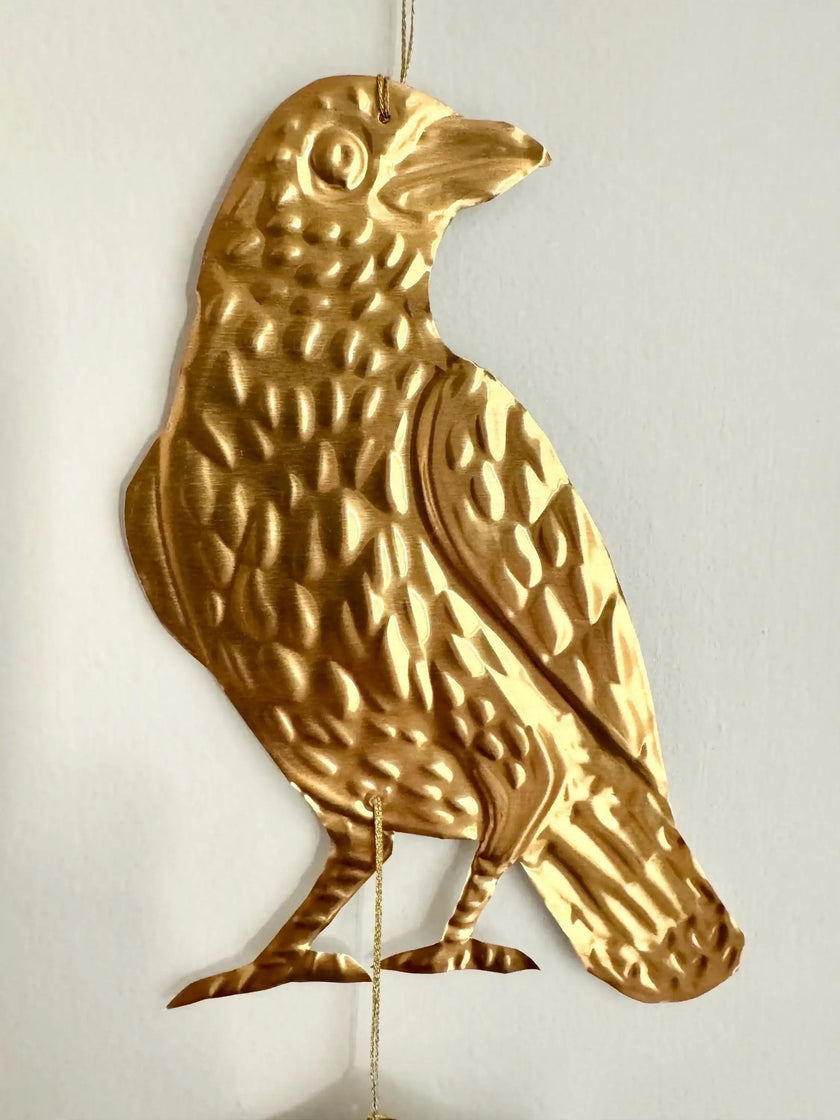Embossed gold tin Crow and Mushrooms- hand pressed foil hanging decoration