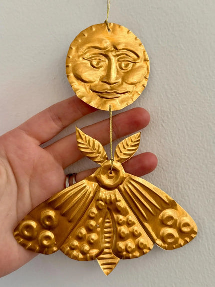 Gold-Tinted Moon and Moth Handmade Embossed Pressed Metal Wall Decoration