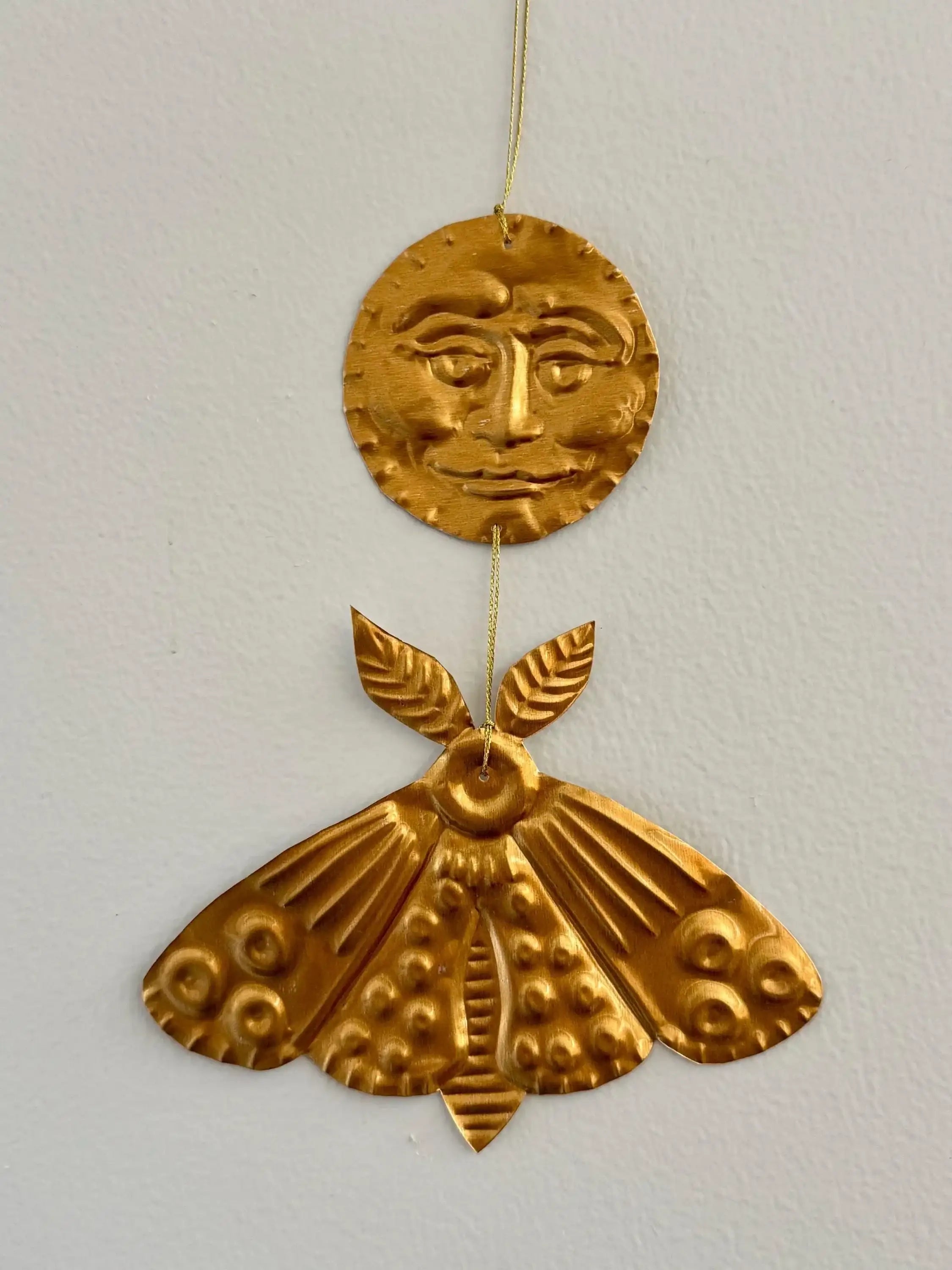 Gold-Tinted Moon and Moth Handmade Embossed Pressed Metal Wall Decoration