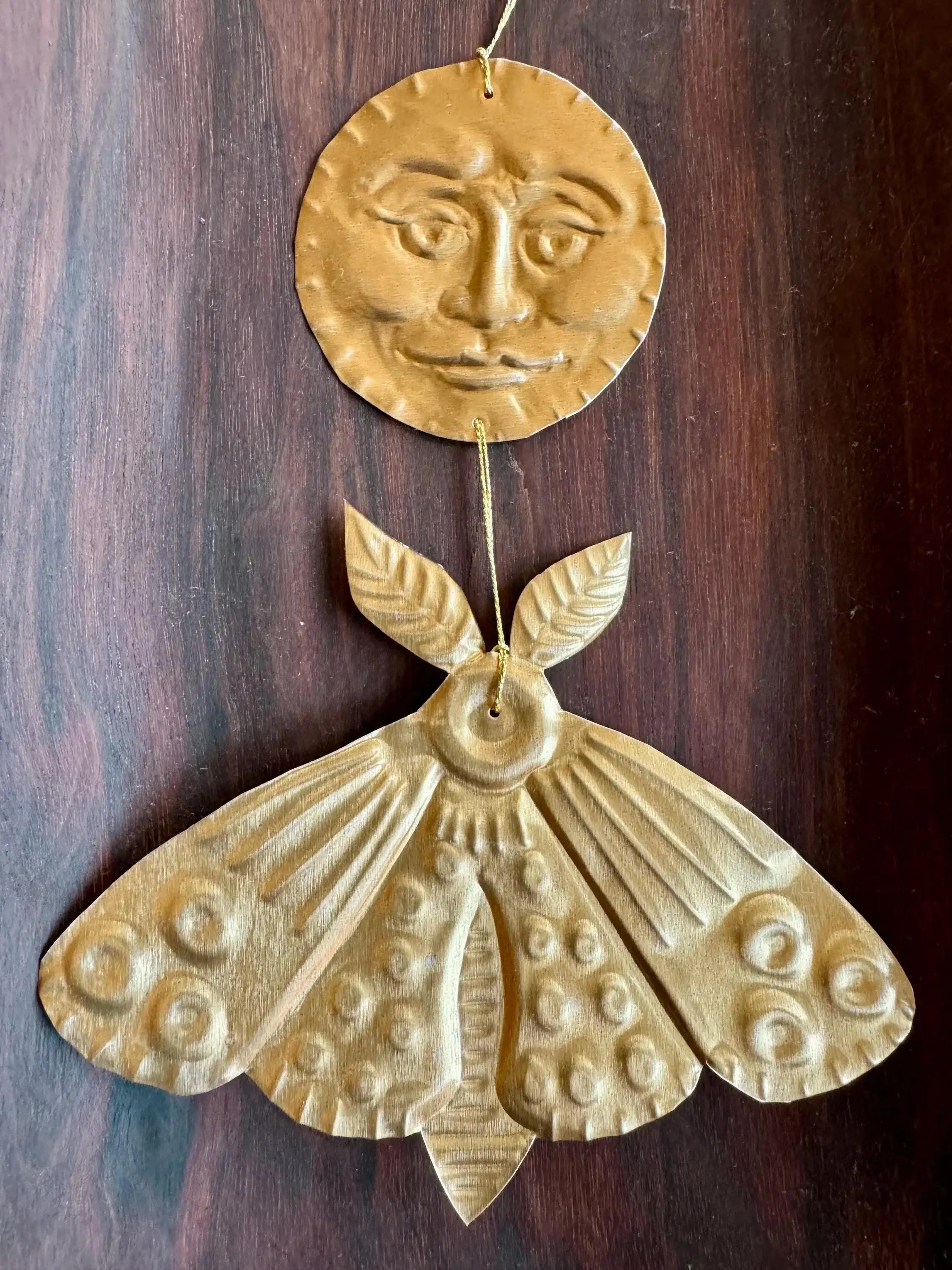 Gold-Tinted Moon and Moth Handmade Embossed Pressed Metal Wall Decoration