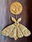 Gold-Tinted Moon and Moth Handmade Embossed Pressed Metal Wall Decoration