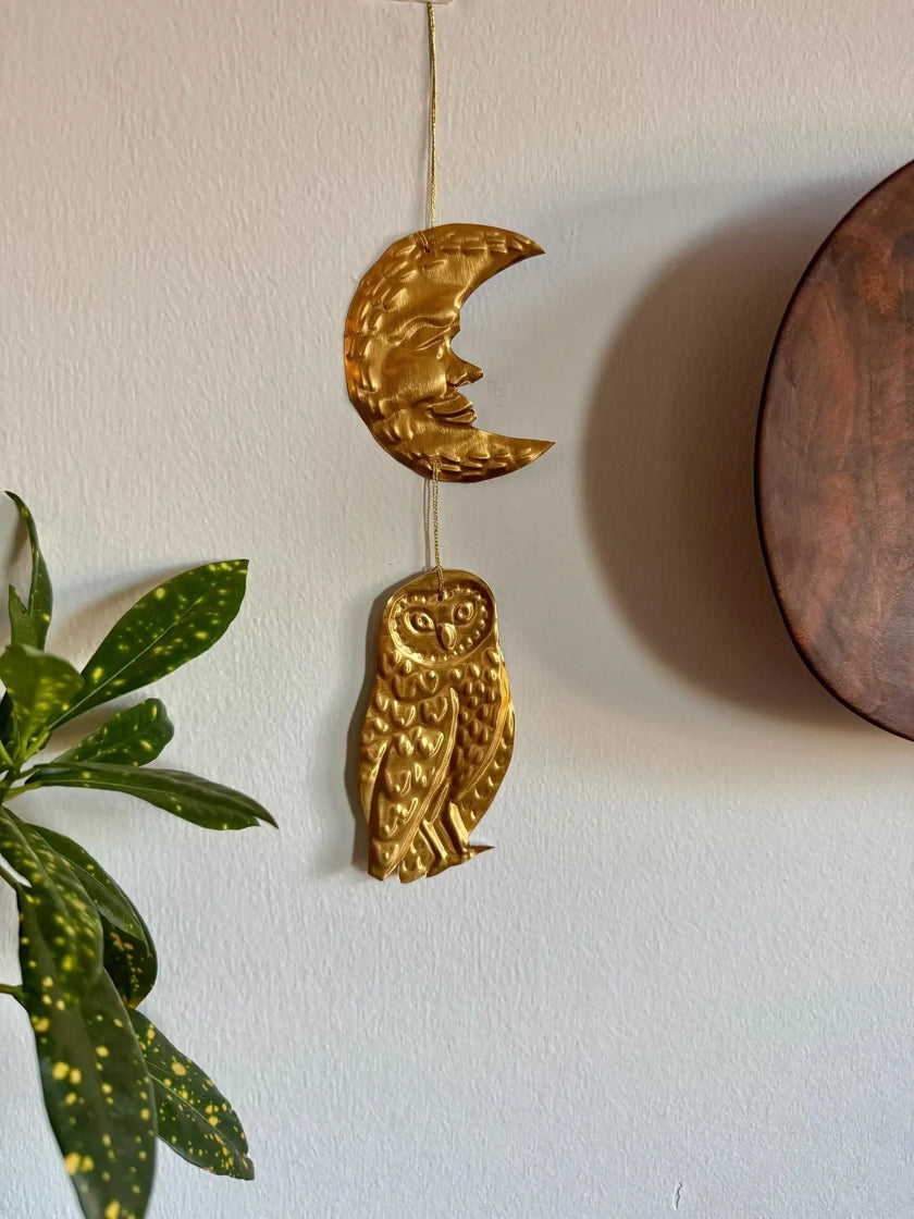 Embossed Gold Owl and Moon Tin Wall Hanging: Celestial Folk Art Decor