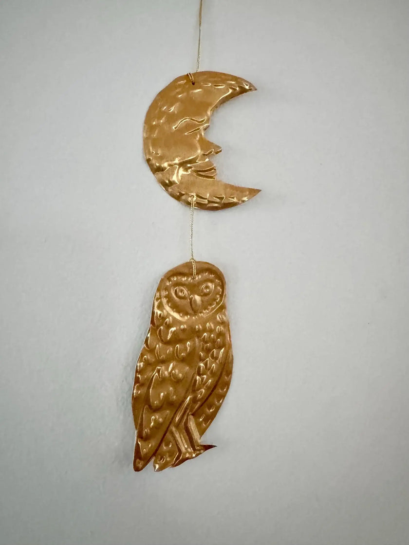Embossed Gold Owl and Moon Tin Wall Hanging: Celestial Folk Art Decor