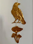 Embossed gold tin Crow and Mushrooms- hand pressed foil hanging decoration
