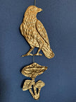 Embossed gold tin Crow and Mushrooms- hand pressed foil hanging decoration