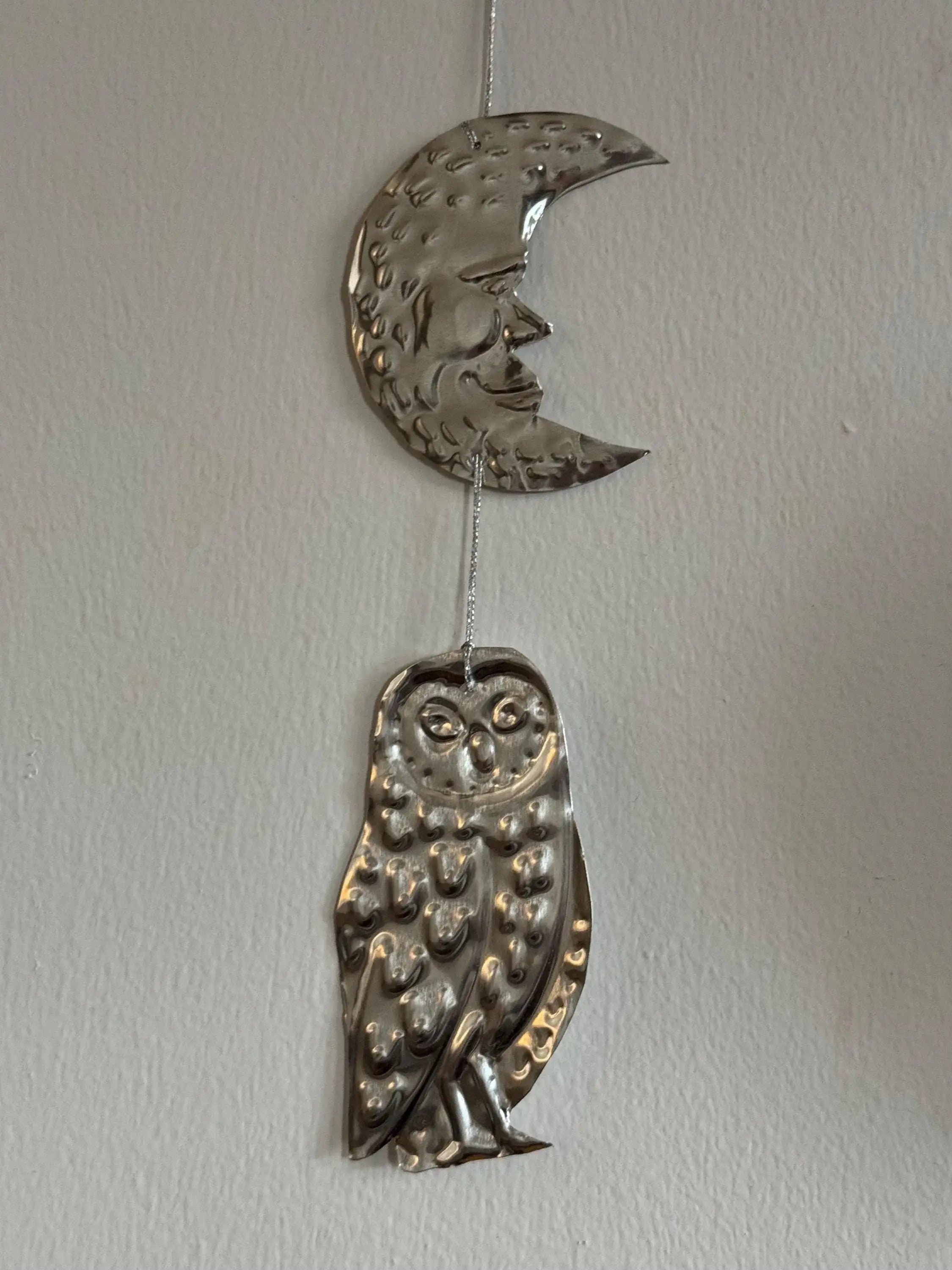 Moon and Owl Embossed Tin Wall Ornament | Silver tinted Handmade Metal Foil Art | night forest wall hanging