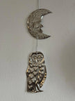 Moon and Owl Embossed Tin Wall Ornament | Silver tinted Handmade Metal Foil Art | night forest wall hanging