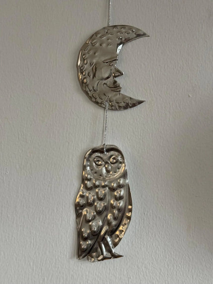 Moon and Owl Embossed Tin Wall Ornament | Silver tinted Handmade Metal Foil Art | night forest wall hanging