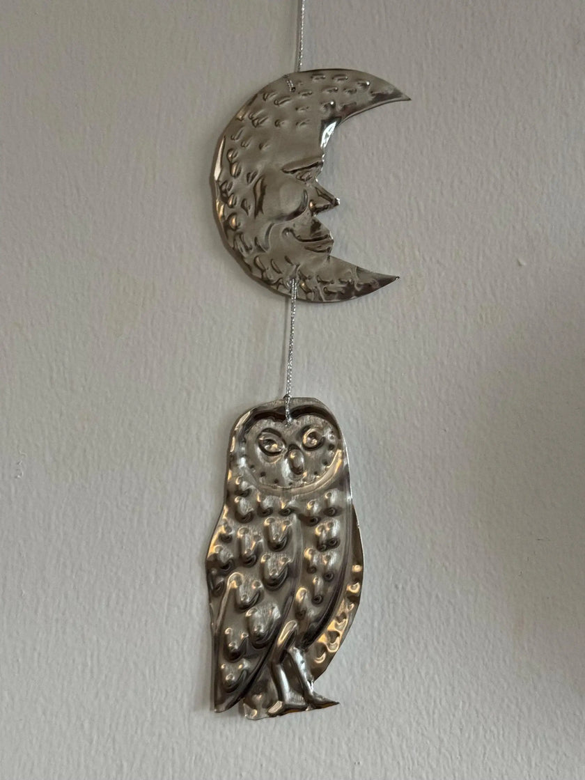 Moon and Owl Embossed Tin Wall Ornament | Silver tinted Handmade Metal Foil Art | night forest wall hanging