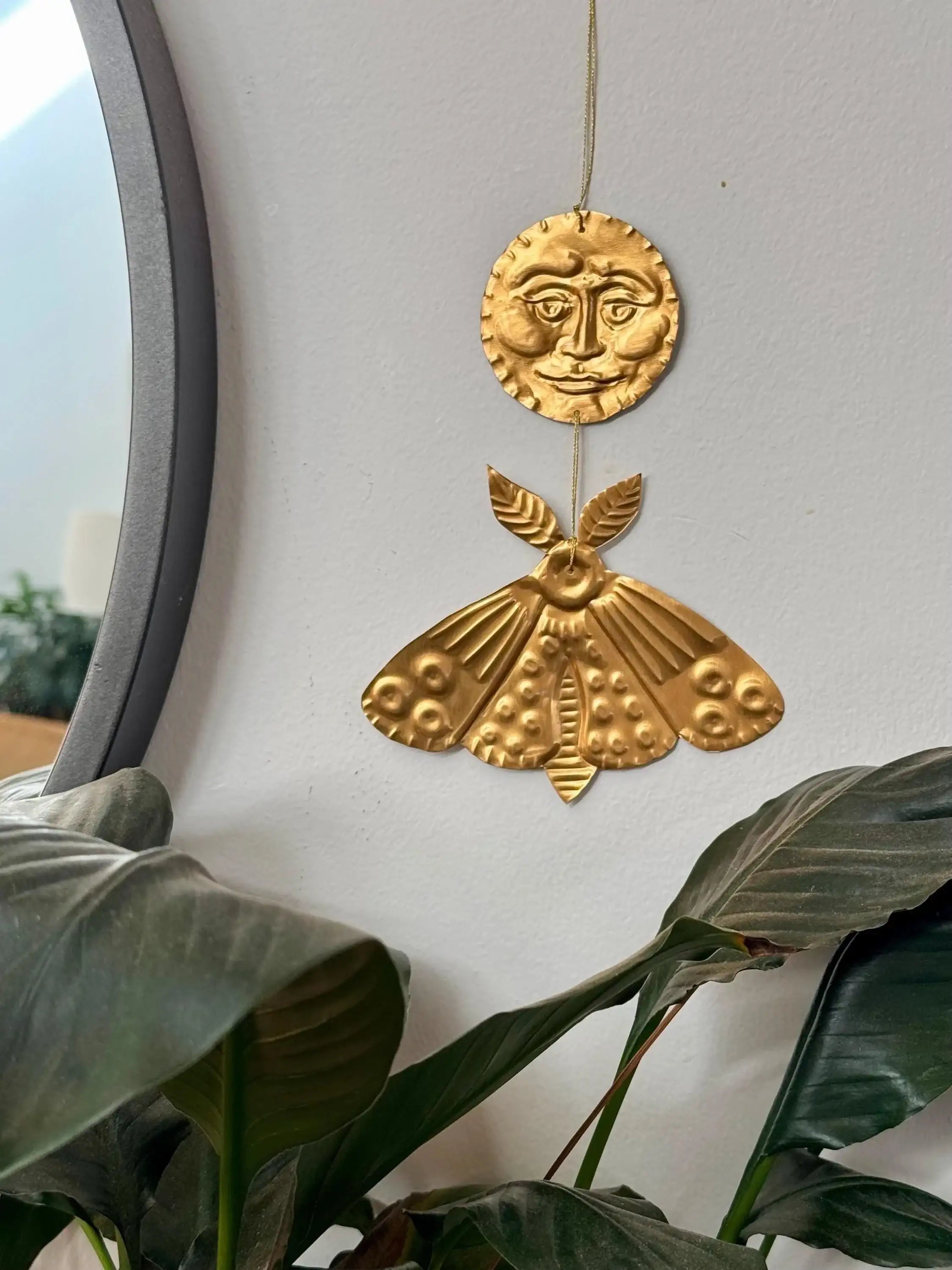 Gold-Tinted Moon and Moth Handmade Embossed Pressed Metal Wall Decoration