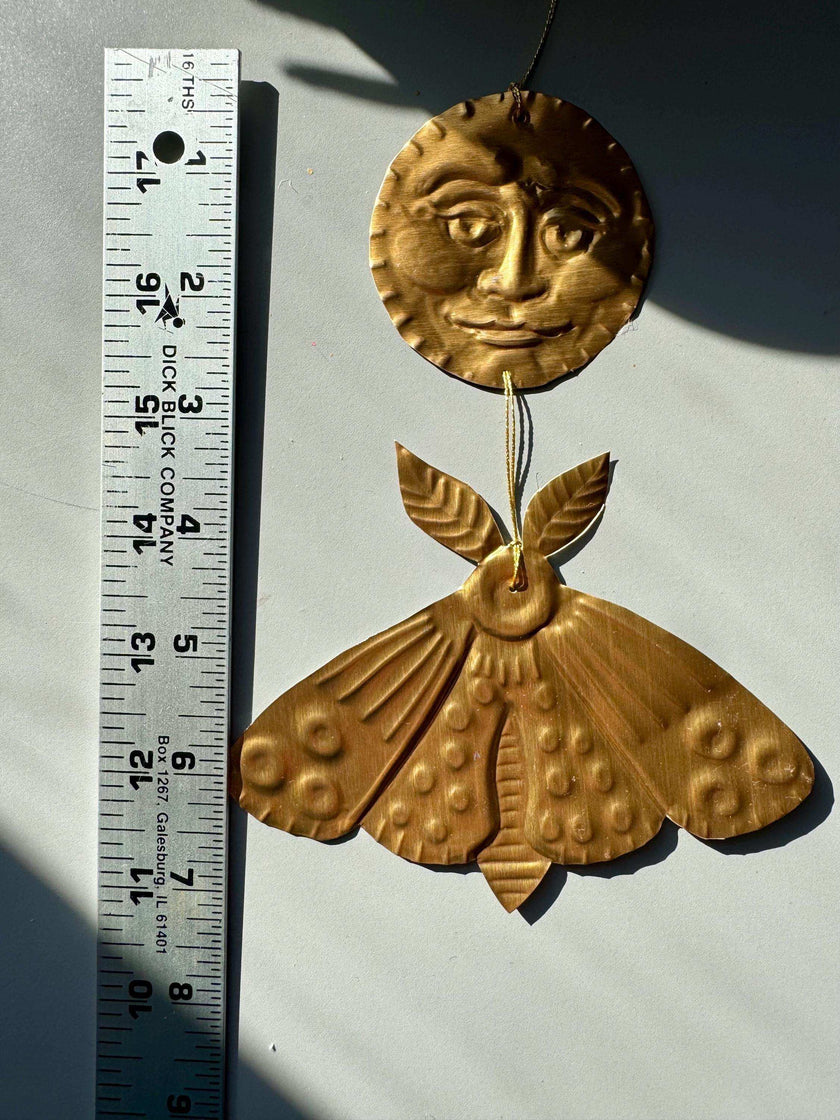 Gold-Tinted Moon and Moth Handmade Embossed Pressed Metal Wall Decoration