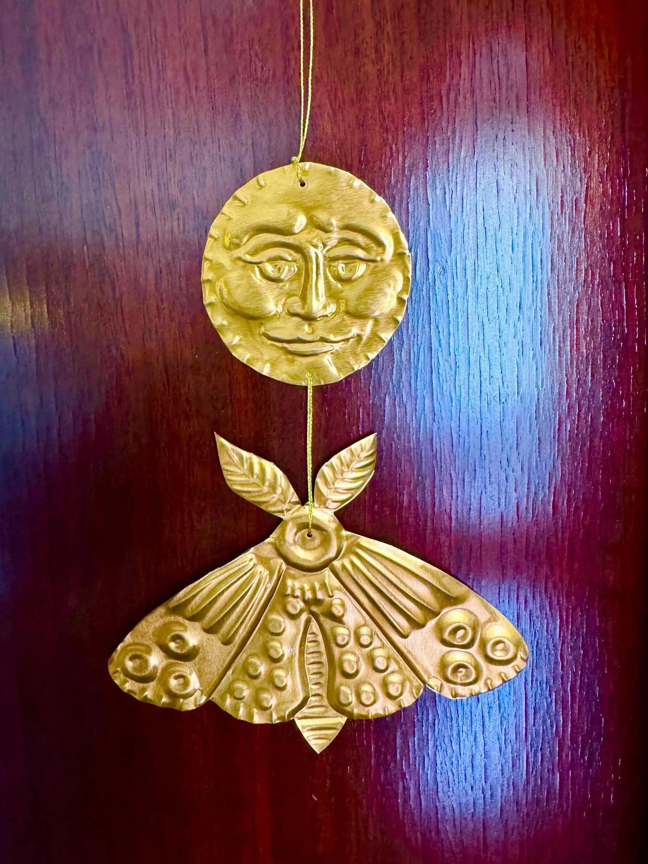 Gold-Tinted Moon and Moth Handmade Embossed Pressed Metal Wall Decoration
