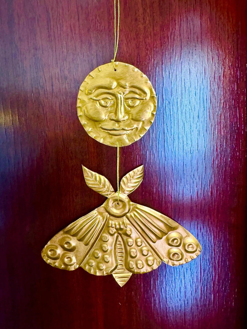 Gold-Tinted Moon and Moth Handmade Embossed Pressed Metal Wall Decoration