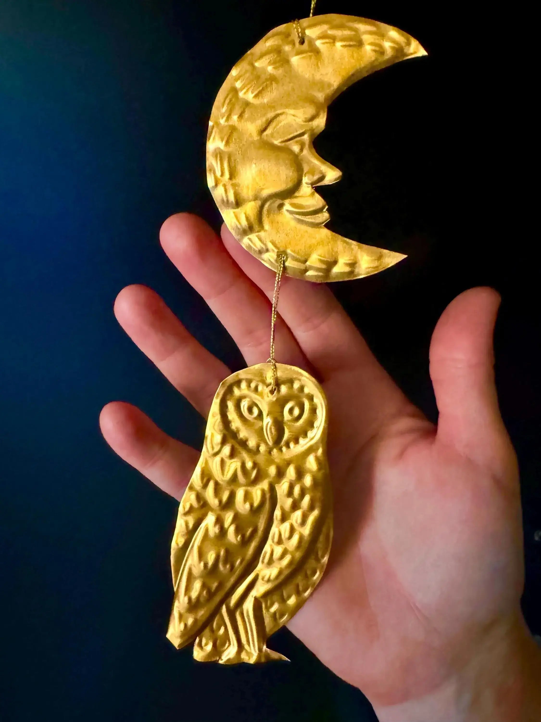 Embossed Gold Owl and Moon Tin Wall Hanging: Celestial Folk Art Decor
