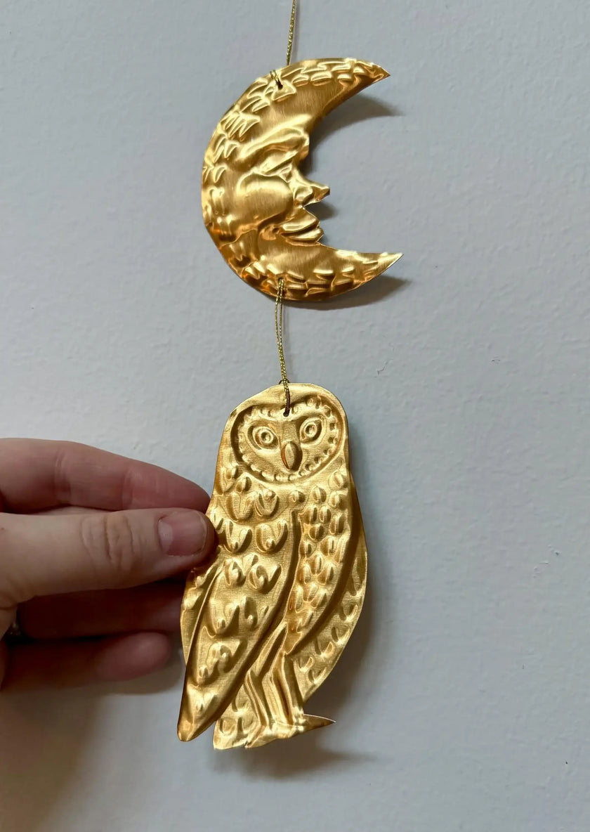 Embossed Gold Owl and Moon Tin Wall Hanging: Celestial Folk Art Decor