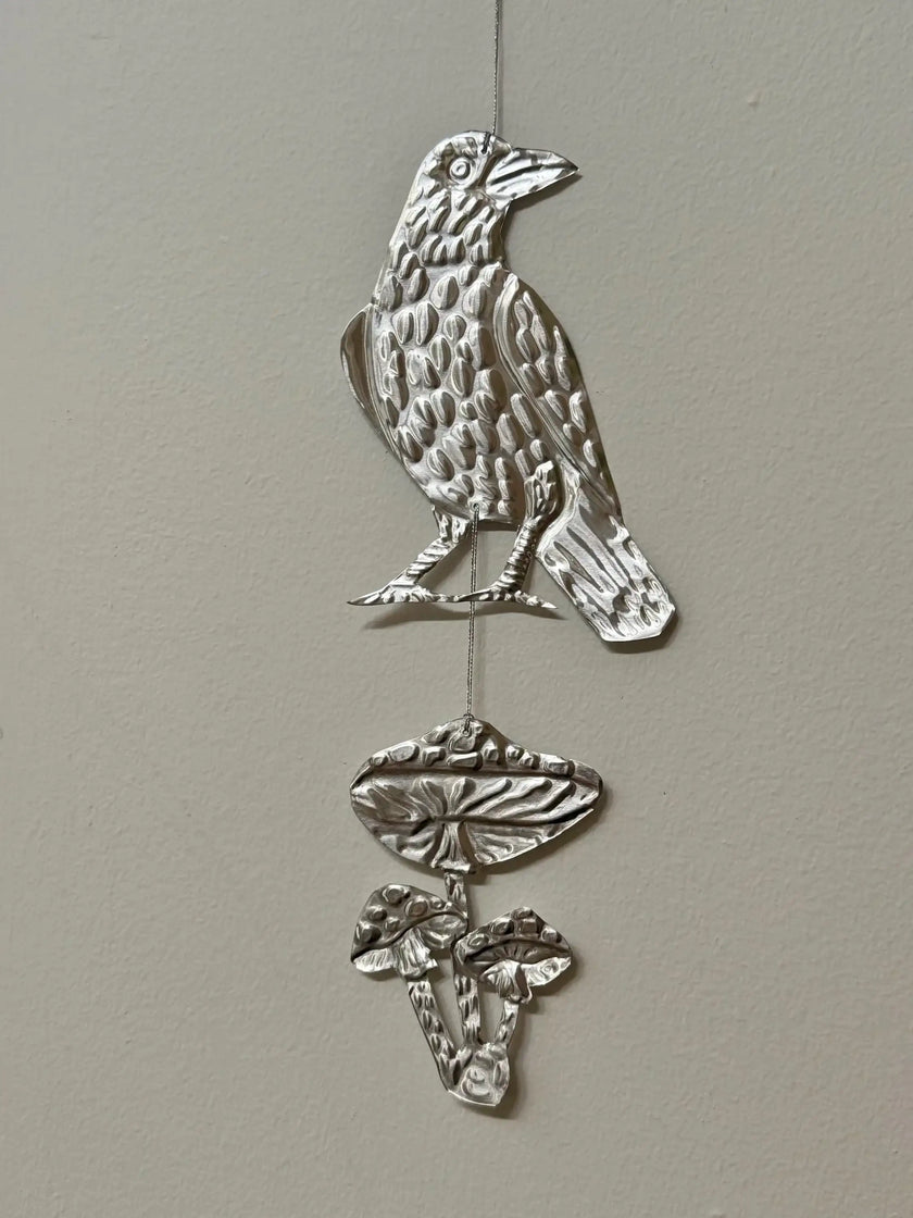 Embossed gold tin Crow and Mushrooms- hand pressed foil hanging decoration